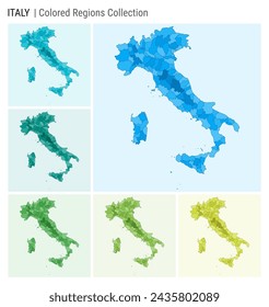 Italy map collection. Country shape with colored regions. Light Blue, Cyan, Teal, Green, Light Green, Lime color palettes. Border of Italy with provinces for your infographic. Vector illustration.