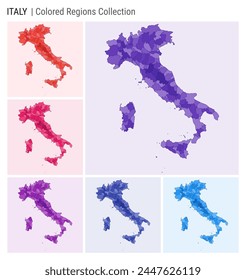 Italy map collection. Country shape with colored regions. Deep Purple, Red, Pink, Purple, Indigo, Blue color palettes. Border of Italy with provinces for your infographic. Vector illustration.