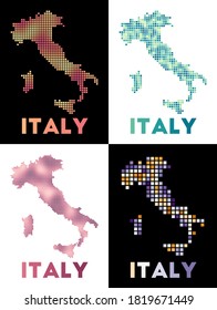 Italy map. Collection of maps of Italy in dotted style. Borders of the country filled with rectangles for your design. Vector illustration.