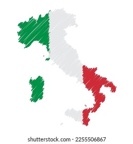 Italy map color hand drawn sketch. Vector concept illustration flag, scribble map. Country map for infographic, brochures and presentations isolated on white background. Vector illustration.