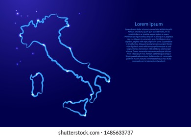Italy map from the contour blue brush lines different thickness and glowing stars on dark background. Vector illustration.