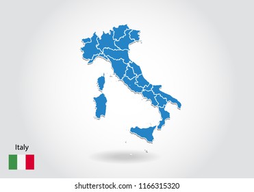 italy map design with 3D style. Blue italy map and National flag. Simple vector map with contour, shape, outline, on white.
