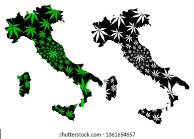 Italy - map is designed cannabis leaf green and black, Italian Republic map made of marijuana (marihuana,THC) foliage,