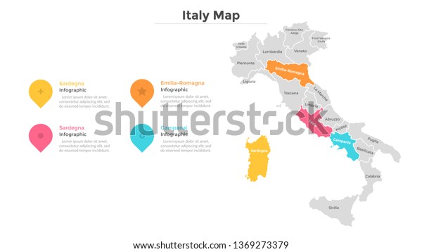 Italy map divided into provinces or regions with\
modern borders. Geographic location indication. Infographic design\
template. Vector illustration for presentation, brochure, touristic\
website.