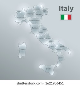 Italy map and flag, administrative division separates regions and names individual region, design glass card 3D vector