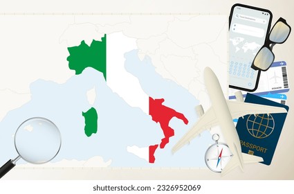 Italy map and flag, cargo plane on the detailed map of Italy with flag, passport, magnifying glass and airplane. Vector template.