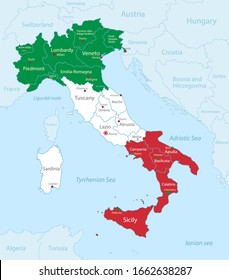 Italy map in flag colors with neighboring states, administrative division and names with cities, blue background vector