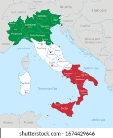 Italy map in flag colors with neighboring states, administrative division and names with cities vector