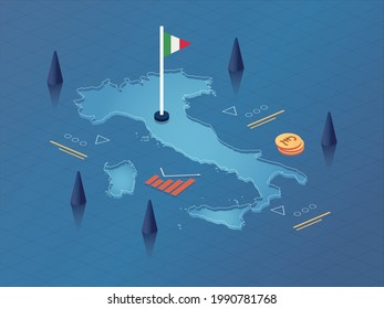 Italy Map, Flag and Currency Modern Isometric Business and Economy Vector Illustration Design