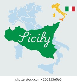 Italy Map with Flag and Highlighted Sicily – Political Vector, Editable Regions .vector design .
A detailed vector map of Italy featuring the national flag and the Sicily province highlighted in gold.