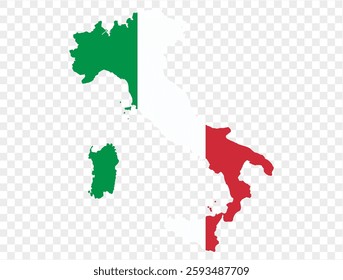 Italy map with Italy flag inside, officially isolated on transparent PNG background. Perfect for designs, high-quality image.