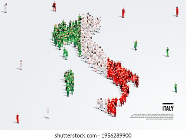 Italy Map and Flag. A large group of people in Italian flag color form to create the map. Vector Illustration.