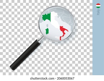 Italy map with flag in magnifying glass on transparent background. Vector loupe with map.