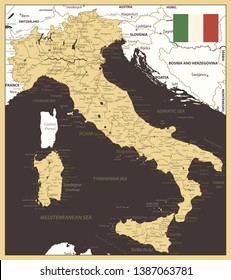 Italy Map Gold and Brown - Image contains layers with map contours, land names, city names, water objects and it's names - Highly detailed vector illustration.