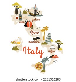 Italy map hand drawn with doodle elements. Cultural landmarks and sights, national symbols, flora, tourist attractions, food, drink. Vector flat cartoon illustration for infographic, poster, banner