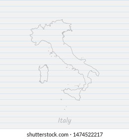 Italy map hand drawn gray outline on notebook background. Vector Illustration EPS10.