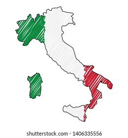 Italy map hand drawn sketch. Vector concept illustration flag, childrens drawing, scribble map. Country map for infographic, brochures and presentations isolated on white background. Vector