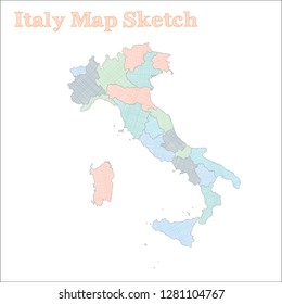 Italy map. Hand-drawn country. Mesmeric sketchy Italy map with regions. Vector illustration.