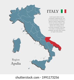 Italy map - high detailed illustration map divided on regions. Blank Europe country Italy isolated on white background. Vector template state Apulia for website, pattern, infographic