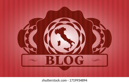 Italy map icon and Blog text red realistic badge. Bars graceful background. Illustration. 