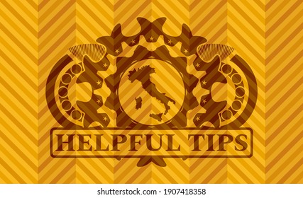 Icono de mapa de Italia y consejos útiles texto de texto color naranja abstracto emblema realista. Fondo geométrico elegante. Ilustración intensa. 