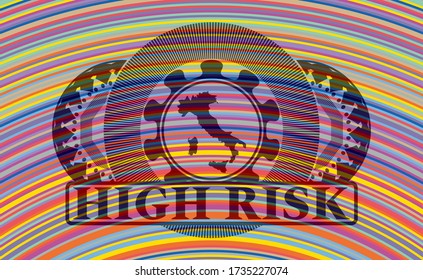Italy map icon and High risk text colorful realistic badge. Showy chic background. Illustration. 