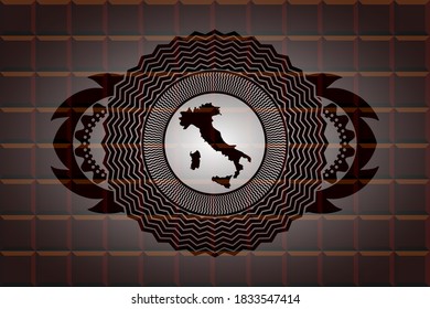 Italy map icon inside chocolate badge. Brown delicate background. Artistic illustration. 