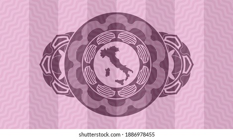 Italy map icon inside pink wavy emblem. Curve graceful background. Artistic illustration. 