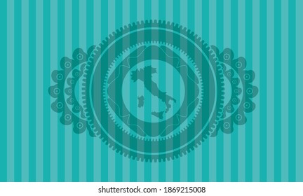 Icono de mapa de Italia dentro de la insignia turquesa. Fondo elegante de las barras. Ilustración intensa. 