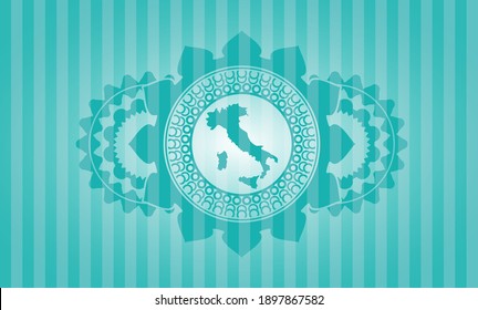 Icono de mapa de Italia dentro de la insignia realista turquesa. Fondo elegante de las barras. Ilustración vectorial. 