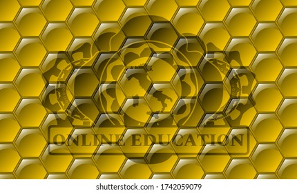 Italy map icon and ONLINE EDUCATION text honey realistic emblem. beekeeping fashionable background. Artistic illustration. 
