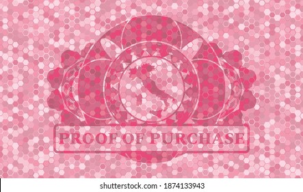 Italy map icon and proof of purchase text pink color tile mosaic pattern realistic badge. Geometric hexagon classic background. Vector illustration. 