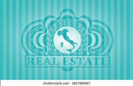 Italy map icon and REAL ESTATE text Turquoise emblem. Bars classic background. Illustration. 