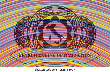 Icono de mapa de Italia y emblema colorido del texto Optimización de motores de búsqueda. Mostrando un bonito fondo. Ilustración. 