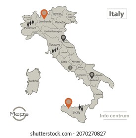 Mapa de Italia, regiones individuales con nombres, infografías e iconos vectores