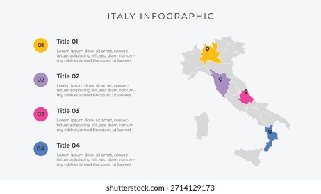 Plantilla de infografía de mapas de Italia con 4 opciones. Mapa político de Italia para presentación infográfica.