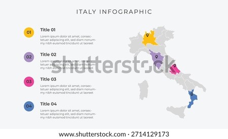 Italy map infographic template with 4 options. Italy political map infographic for presentation.