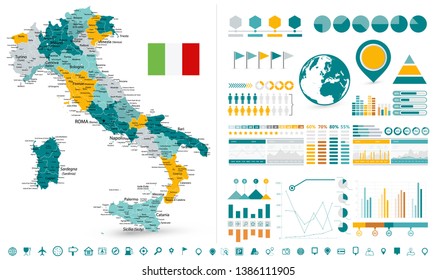 Italy Map and Infographics design elements - Business template in flat style for presentation, booklet, website and other creative projects.