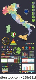 Italy map and Infographics design elements. On black. Business template in flat style for presentation, booklet, website and other creative projects.