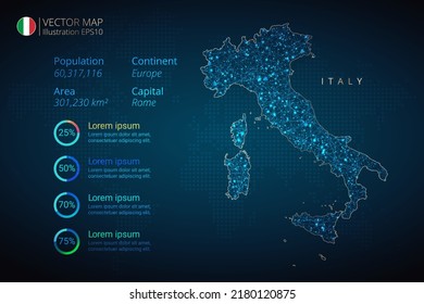 Mapa italiano de la plantilla vectorial infográfica con el concepto de malla geométrica abstracta de luz poligonal sobre fondo azul. Plantilla para diagrama, gráfico, presentación y gráfico.
