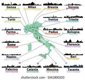 Italy map with largest italian cities skylines silhouettes vector set