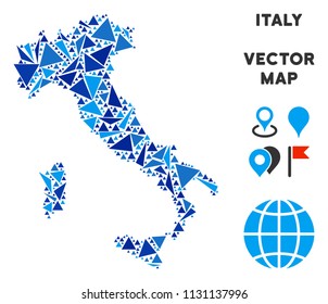 Italy map mosaic of blue triangle elements in variable sizes and shapes. Vector polygons are united into geographic Italy map illustration. Geometric abstract vector illustration in blue color hues.