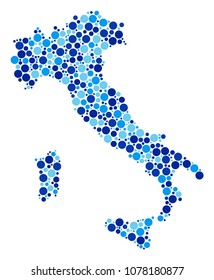 Italy Map mosaic of round dots in different sizes and blue color hues. Randomized spheric items are united into Italy Map collage. Vector cartography blue map design concept.