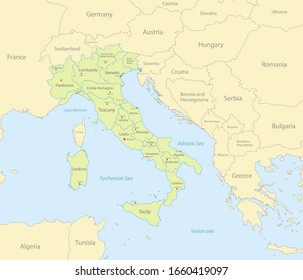 Italy map with neighboring states, administrative division and names with cities, classic maps design vector