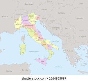 Italy map with neighboring states, administrative division and names with cities, classic colors maps design vector