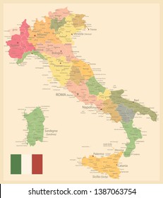 Mapa Italiano Colores Antiguos - La imagen contiene capas con divisiones administrativas mapa, nombres de tierras, nombres de ciudades, objetos de agua y sus nombres - Ilustración vectorial altamente detallada de Italia Mapa.