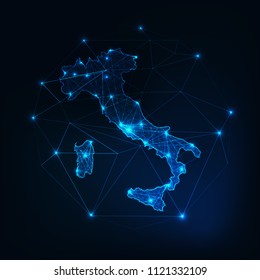 Italy map outline with stars and lines abstract framework. Communication, connection concept.Modern futuristic low polygonal, wireframe, lines and dots design. Vector illustration. 