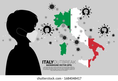 Italy map with people in mask  and particle of Corona virus background. Concept for Italy covid19 outbreak and pandemic.