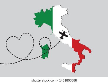 Italy Map with a Plane Flying on a Heart Shaped Dotted Route