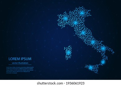 Italien-Karte von punktblauen und leuchtenden Sternen auf dunklem Hintergrund. Vektor eps10.